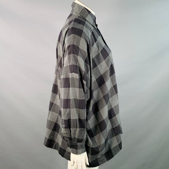 ESKANDAR Size L Black Charcoal Cotton Oversized Checkered Point Collar Shirt - Picture 2 of 6